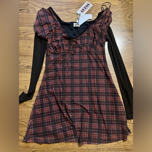 Guess vtg nwt check mesh mini dress mesh sleeve 90s school plaid sheer L - Picture 4 of 16